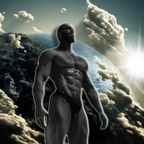 Muscular man poses heroically with Earth in the background.