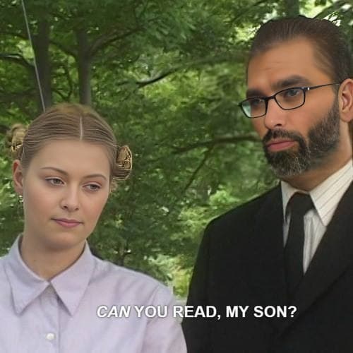 A man questions a woman in a forest setting.
