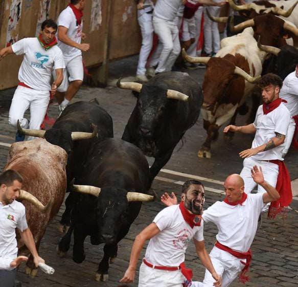 Runners in a festival fleeing from bulls in a street.
