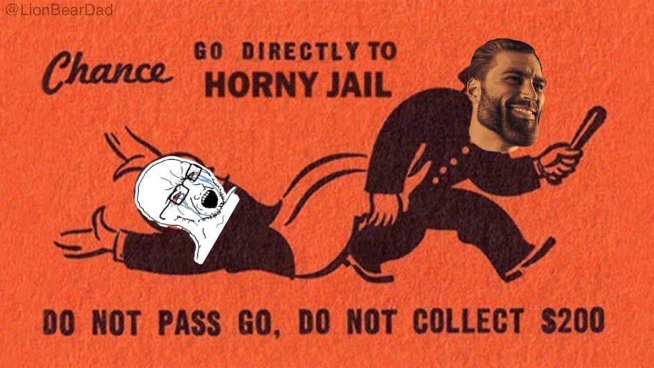 Man being pulled to Horny Jail, shocked expression.