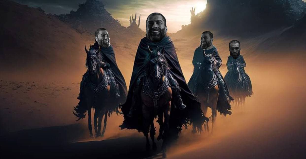 Three GigaChad riders in cloaks on horseback.