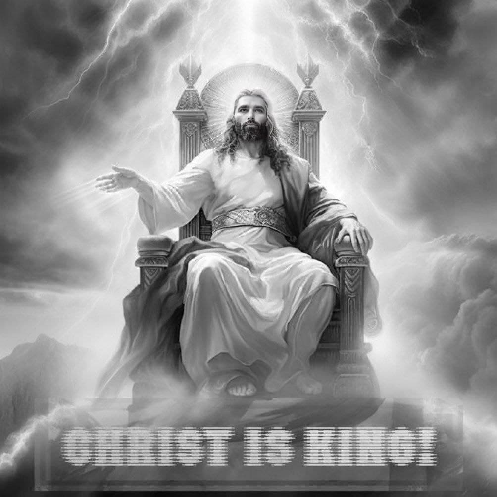 A divine figure sitting on a throne with dramatic clouds.