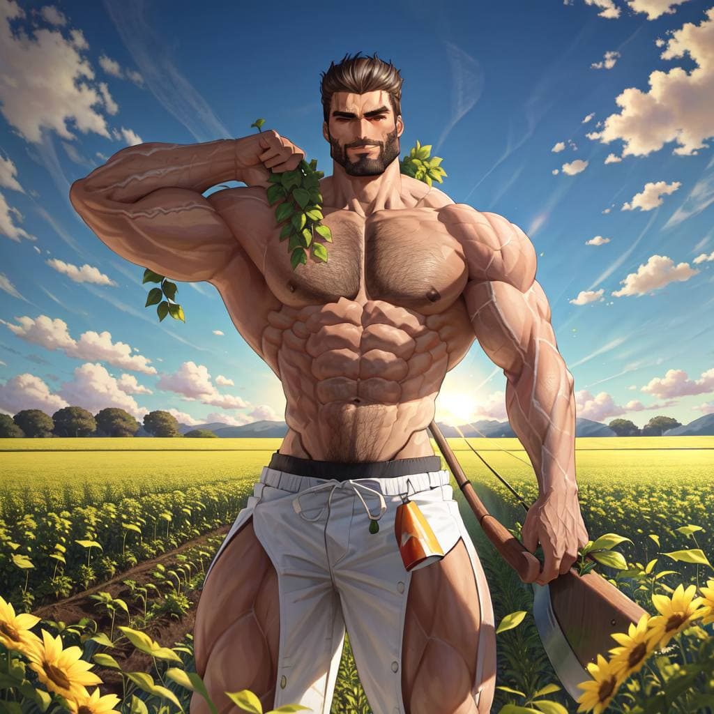 Muscular man poses in a sunflower field with farming tools.