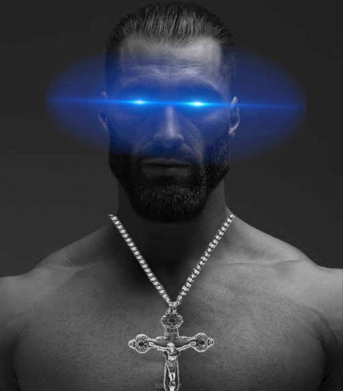 Muscular man with glowing eyes and a crucifix necklace.