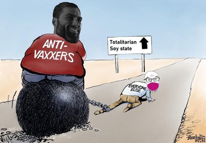 Cartoon of GigaChad dragging another character towards a fictional state.