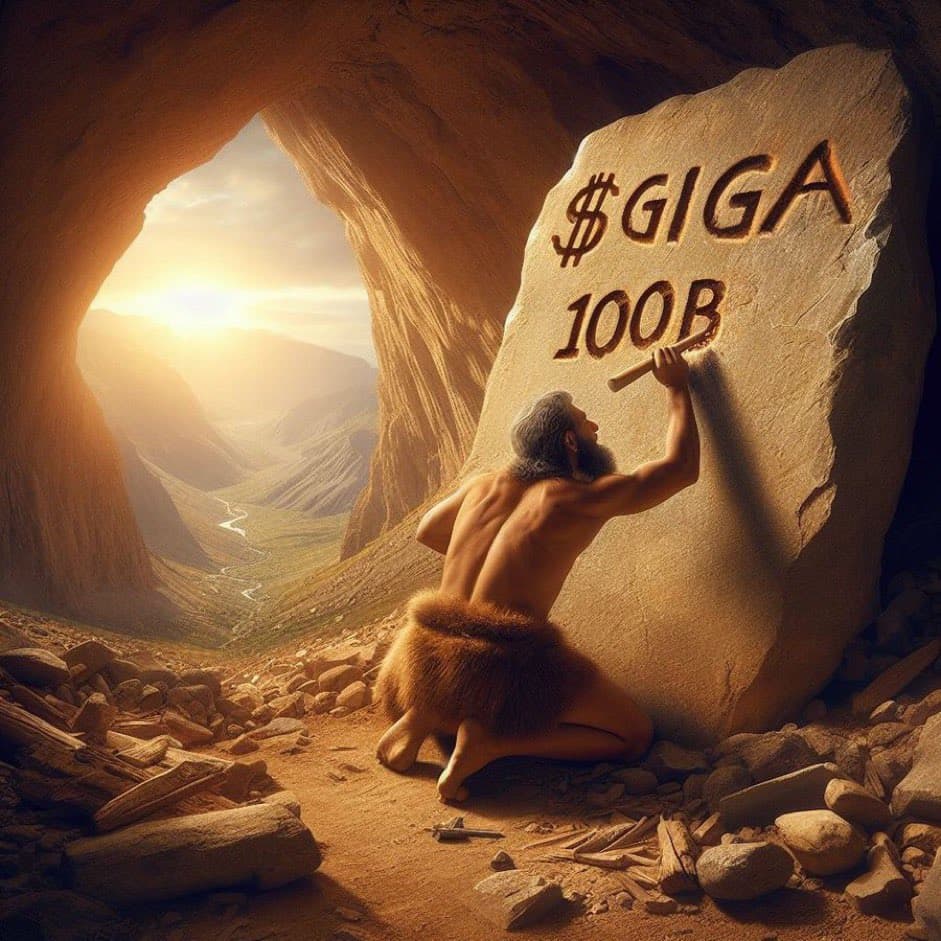 A muscular figure carves '$GIGA 100B' into a stone tablet.