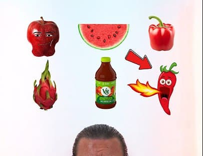 Animated fruits and vegetables around a man's expressive face.