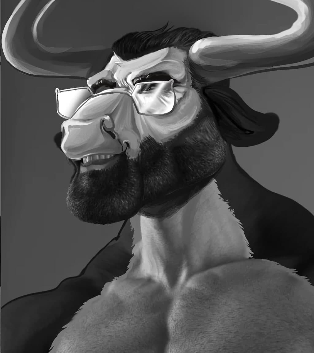 Muscular bull character with glasses looking confidently.