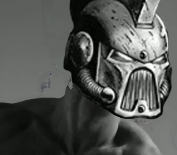 Muscular torso with a comic-style helmet on top.