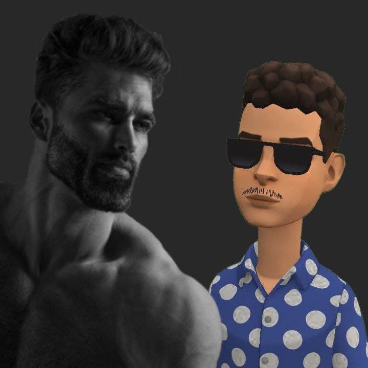Muscular man with cartoon character in polka dot shirt.