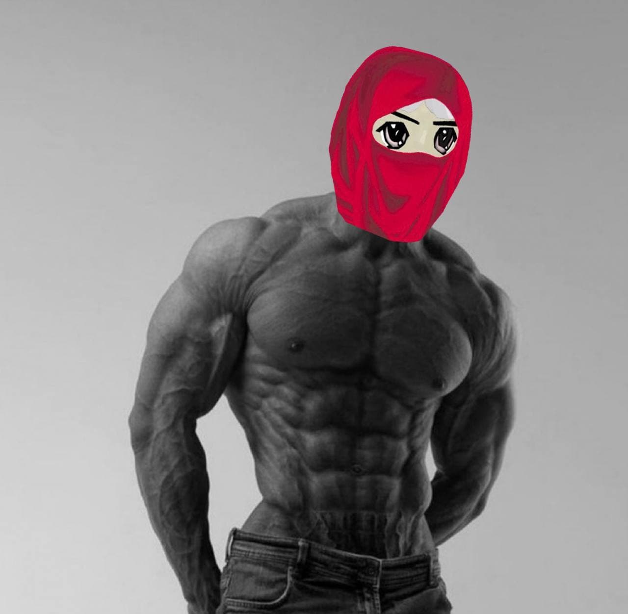 Muscular figure with an anime face in a red hijab.