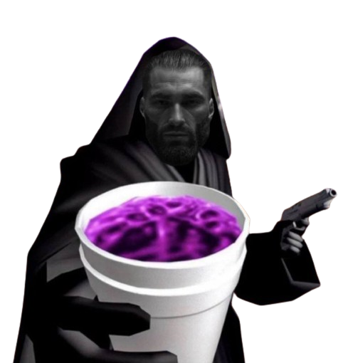 Dark figure holding a purple drink and a gun.