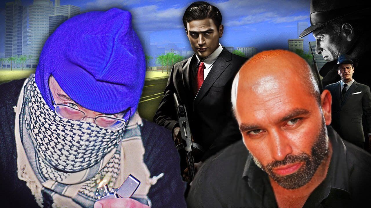 A hooded figure and a muscular man in a suit.