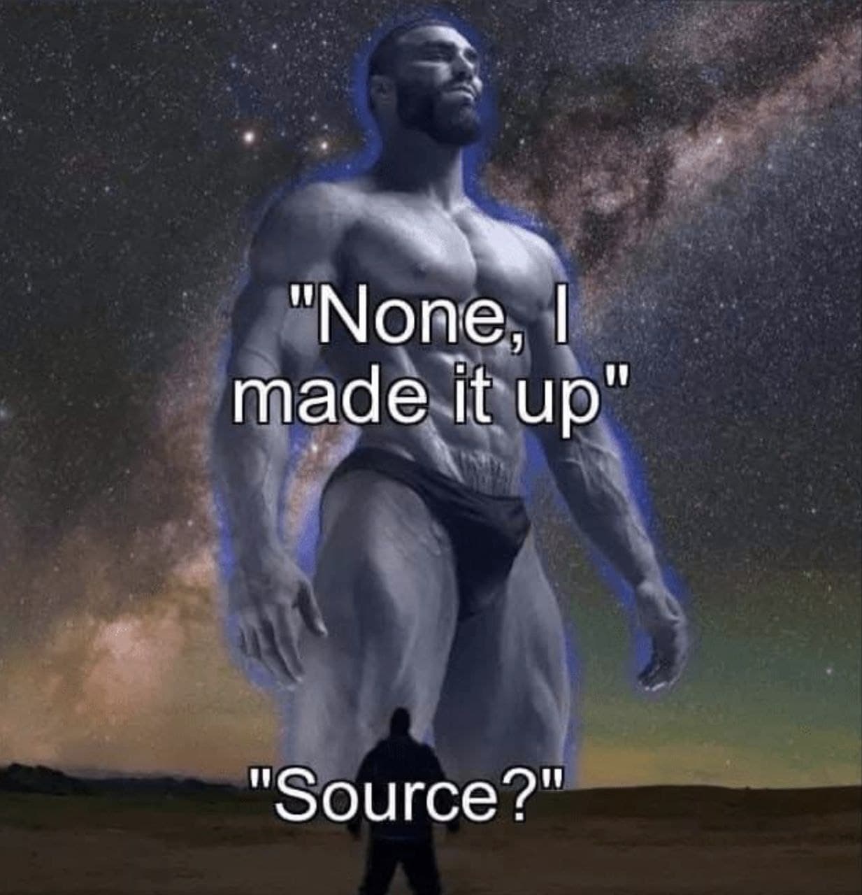 Muscular man in space with a questioning figure below.