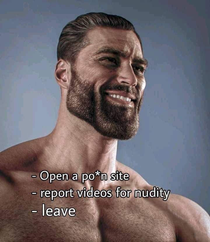 Muscular man smiling with humorous text about reporting videos.