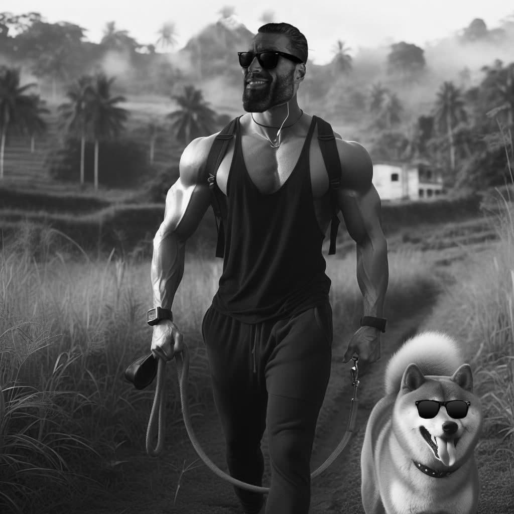 Muscular man and Shiba Inu wearing sunglasses on a walk.