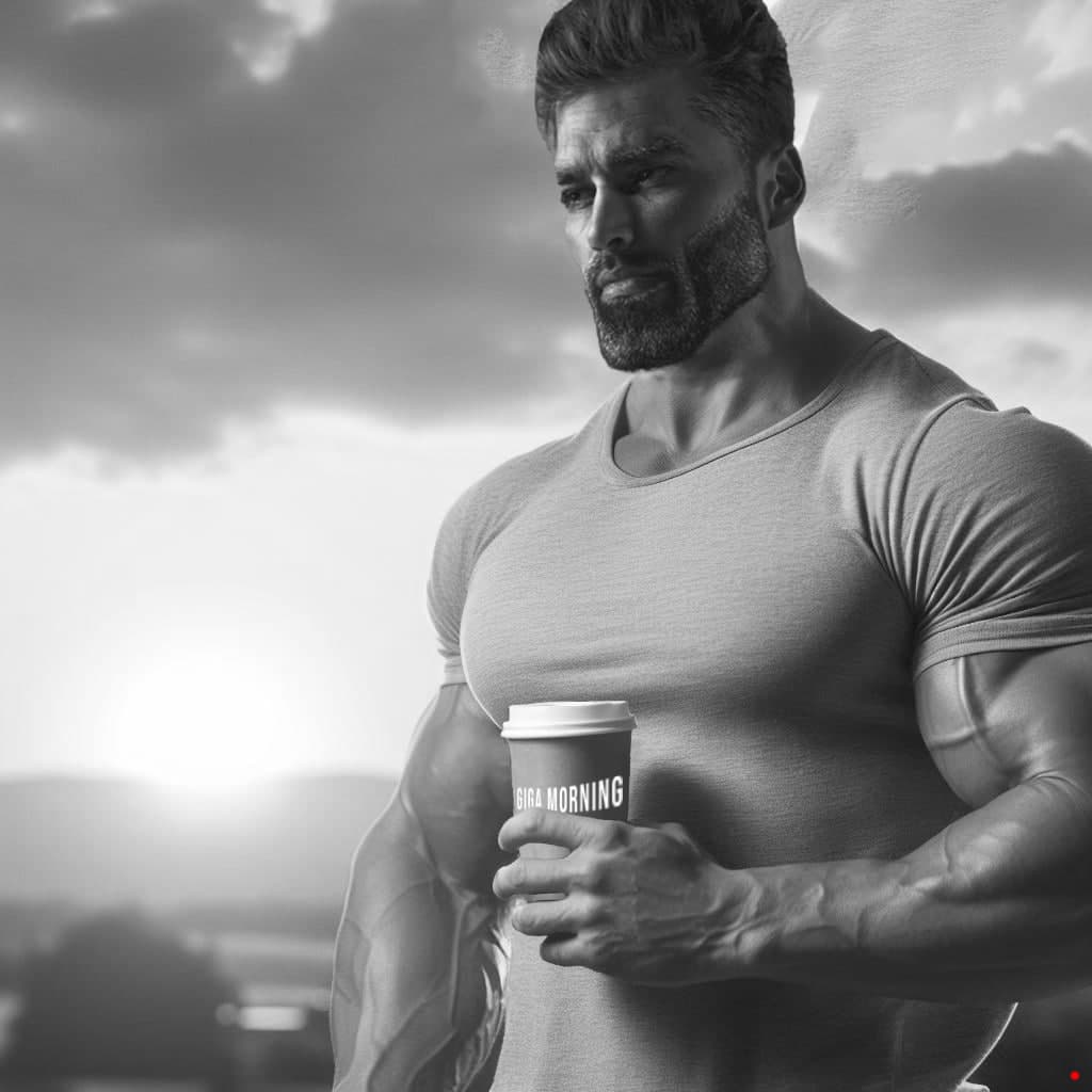 Muscular man with coffee cup in a dramatic sky.