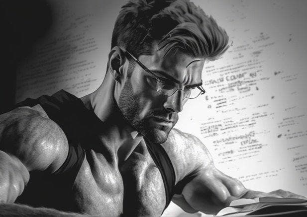 Muscular man studying intensely while reading.
