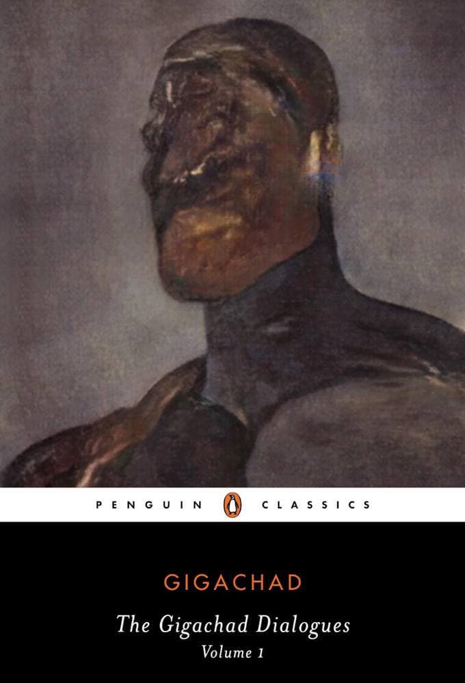 Abstract GigaChad portrait on classic book cover.