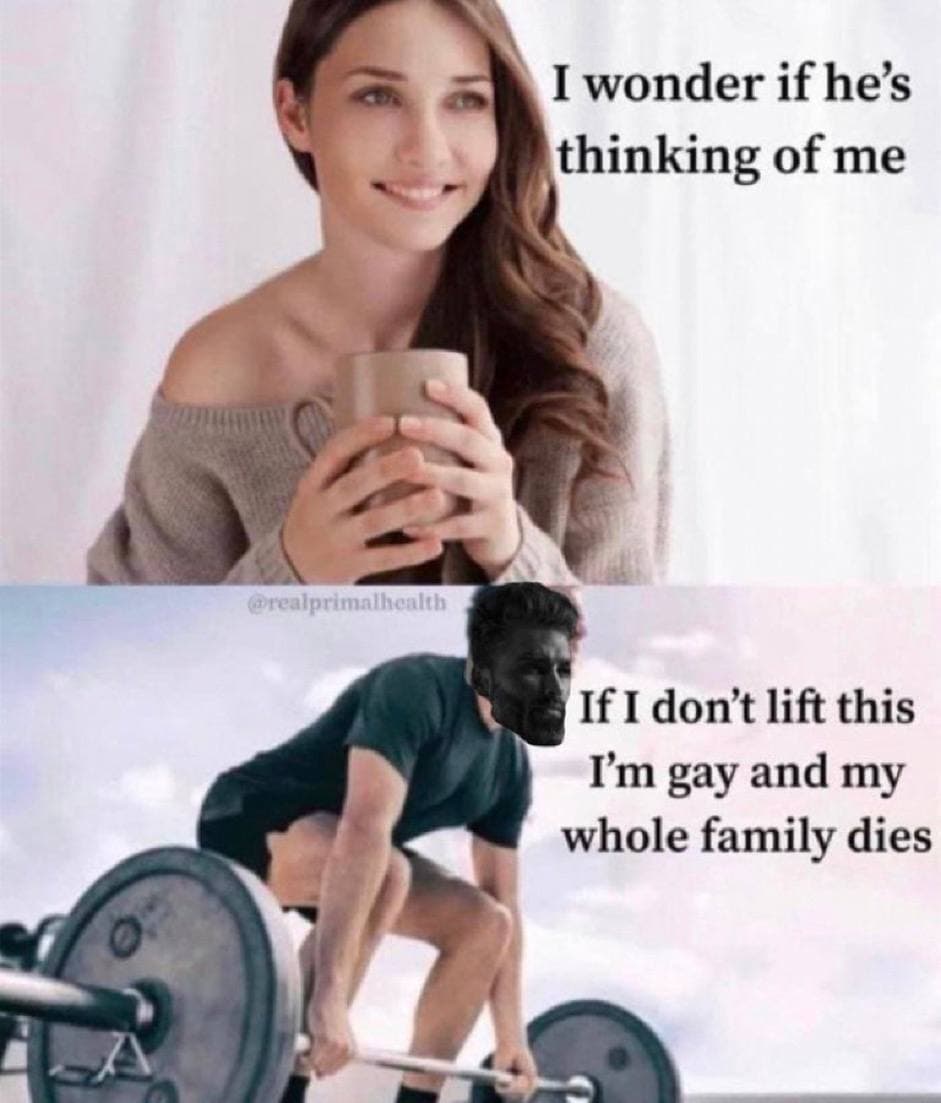 A woman daydreaming and a man lifting weights with funny captions.