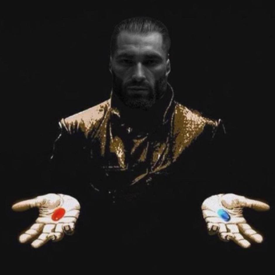 A strong man offering a choice between red and blue pills.