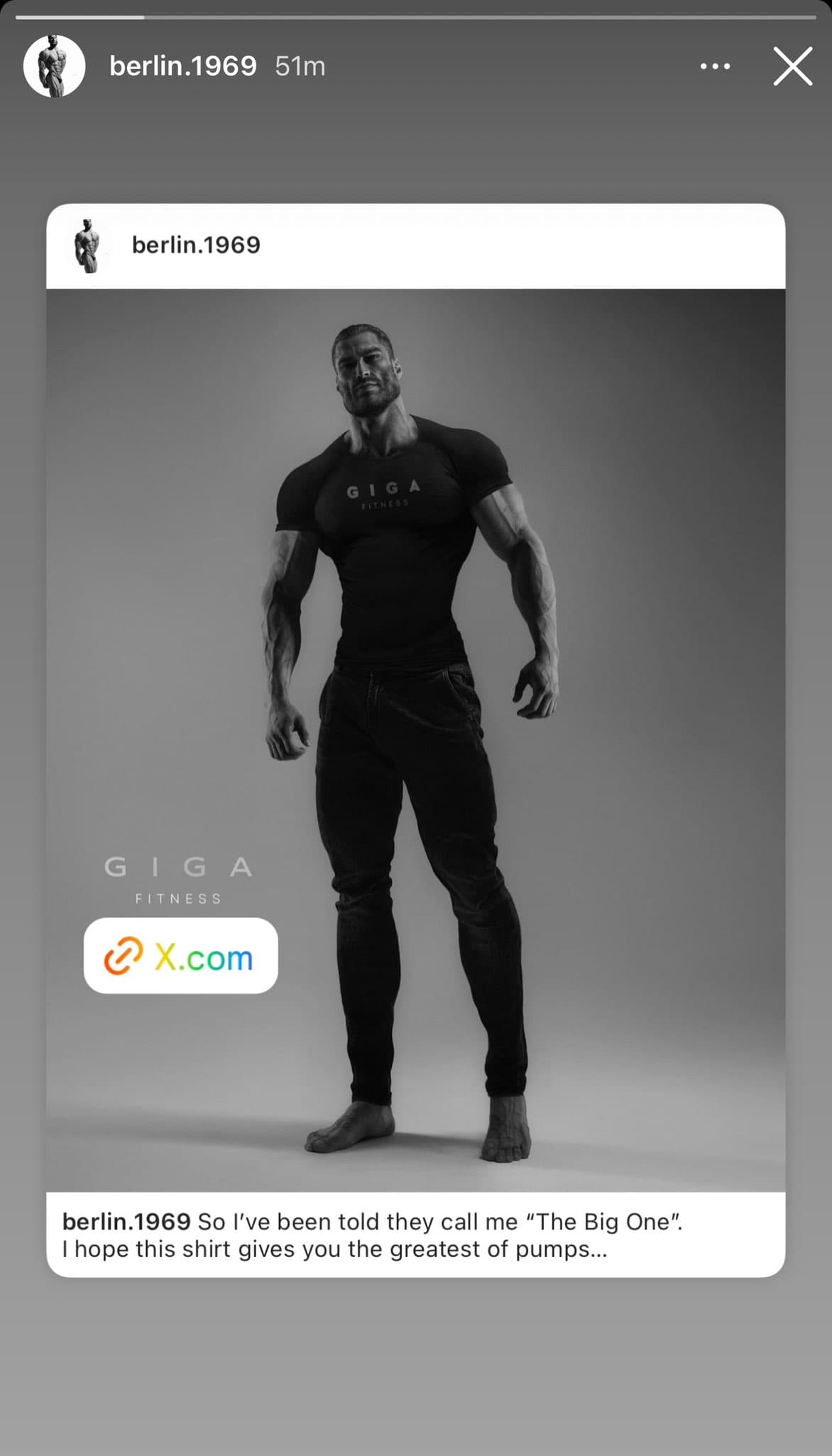 Muscular man in a GIGA FITNESS shirt posing confidently.