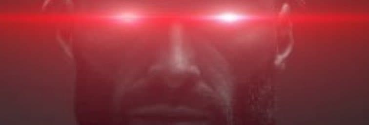 A muscular man with glowing red eyes in a dramatic close-up.