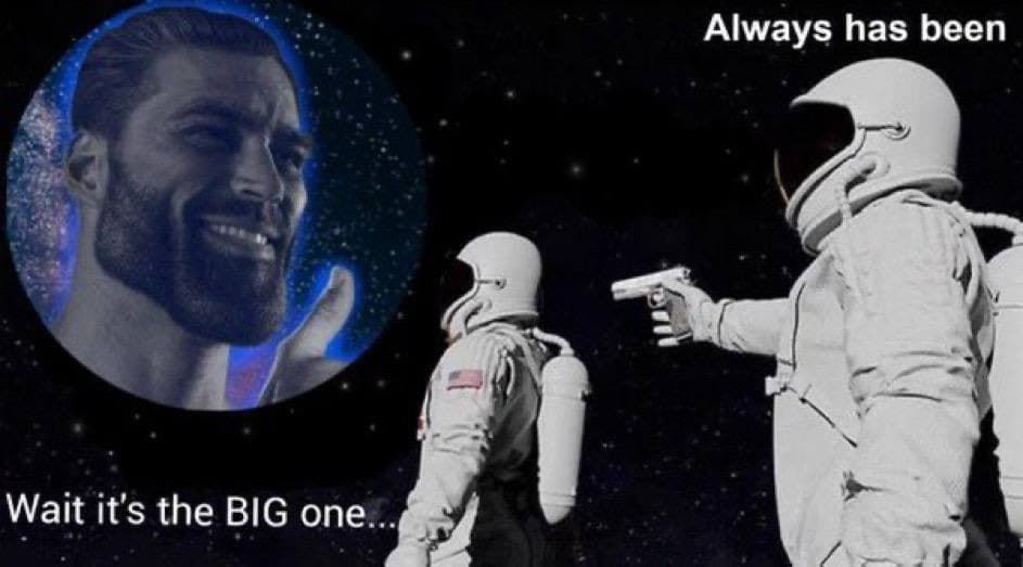 Astronaut confronts another astronaut over GigaChad image.