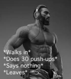 Muscular man does push-ups and walks away without speaking.
