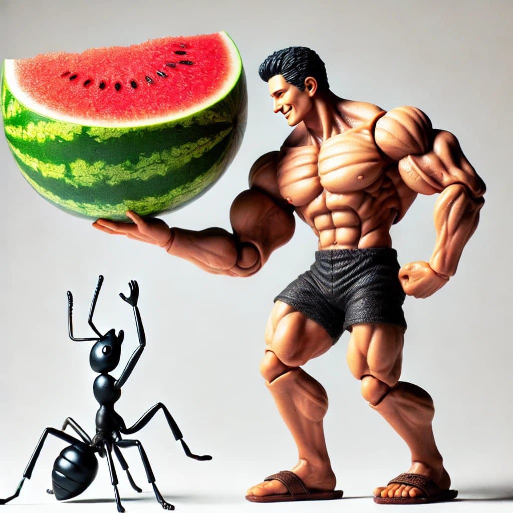 Muscular figure holding watermelon with an ant below.