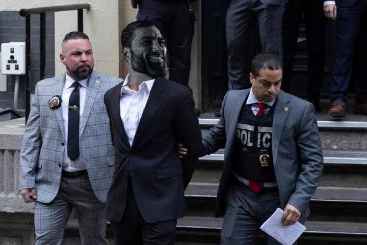 Confident man humorously escorted by serious police officers.