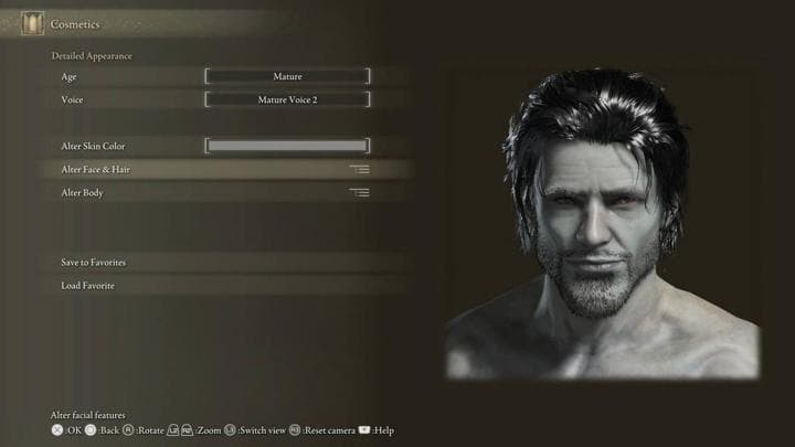 Character customization screen with a muscular male figure.