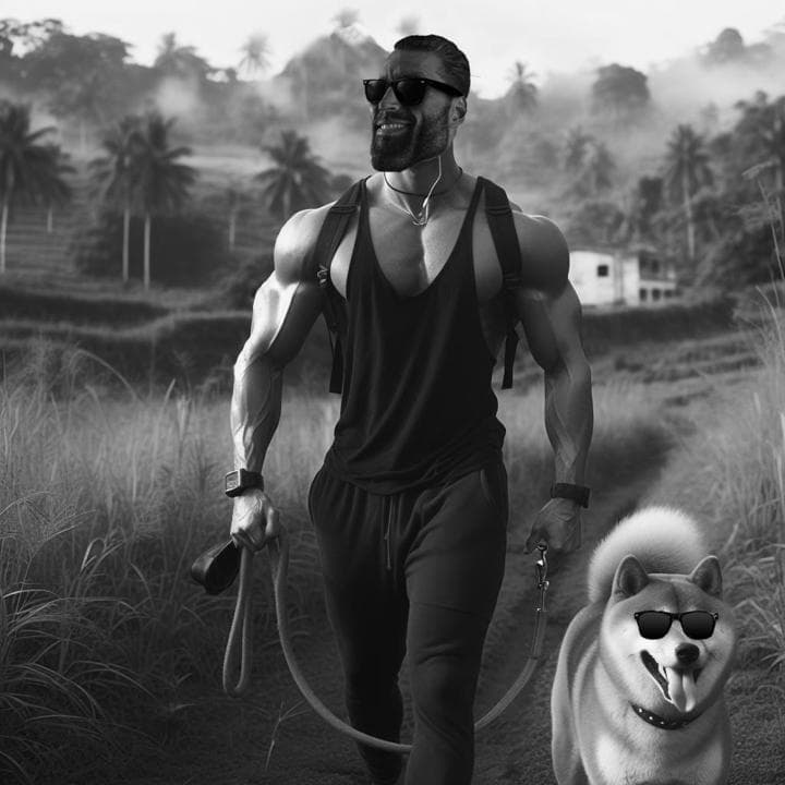Muscular man walks dog in sunglasses through tropical scenery.