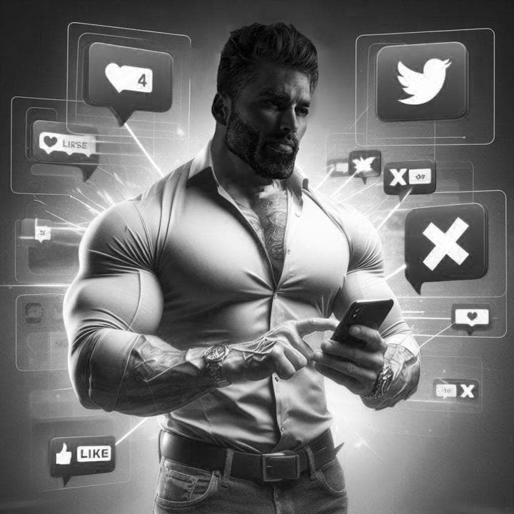 Muscular man checking smartphone with social media icons around.