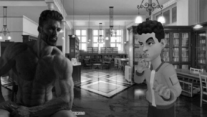 GigaChad confronts an animated character in a library.