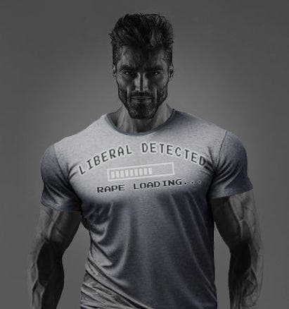 Muscular man in a shirt with provocative text.
