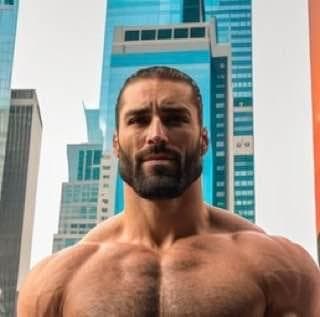 Muscular man posing confidently in front of buildings.