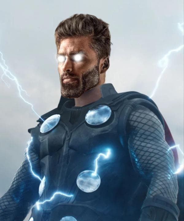 Muscular superhero with lightning effects and glowing eyes.