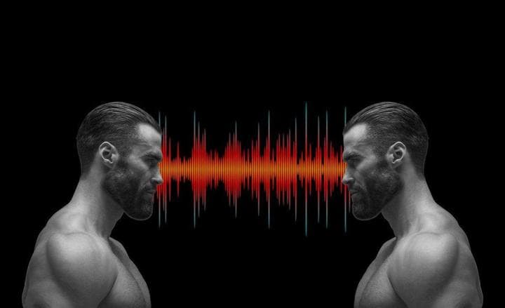 Two muscular men staring at each other with a sound wave between them.