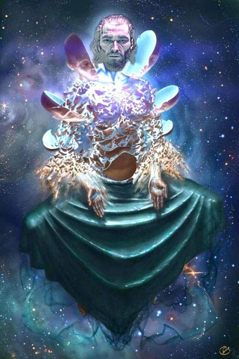 A surreal cosmic figure radiating power surrounded by a starry background.
