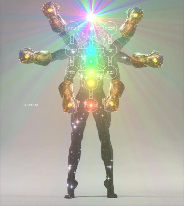 Muscular figure with glowing gauntlets radiating colorful light.