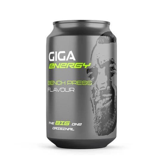Energy drink can with 'GIGA ENERGY' label and bench press flavor.