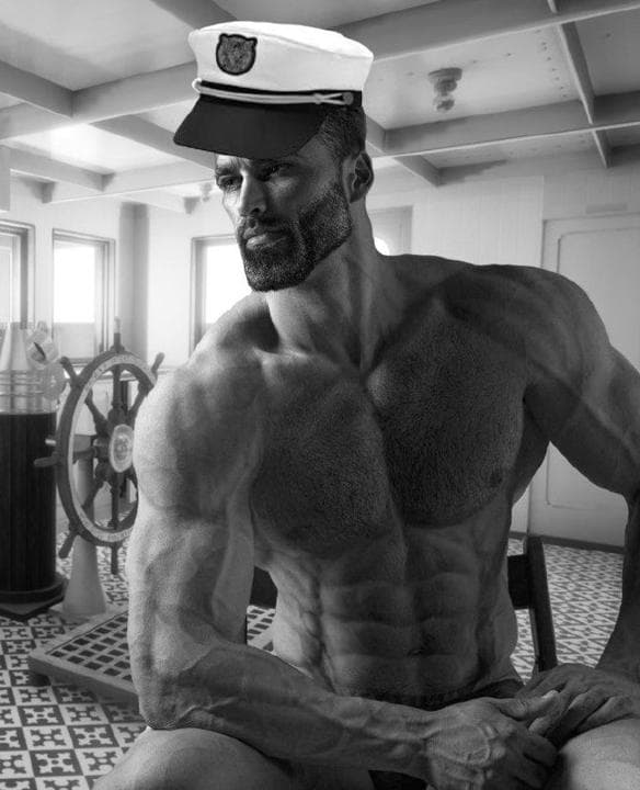 Muscular man in a captain's hat poses in boat interior.