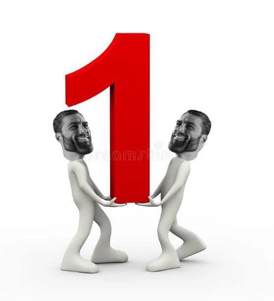 Two figures carrying a large red number one with GigaChad faces.
