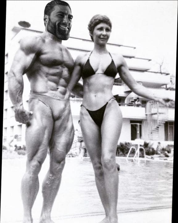Muscular man and woman posing by a pool in vintage style.