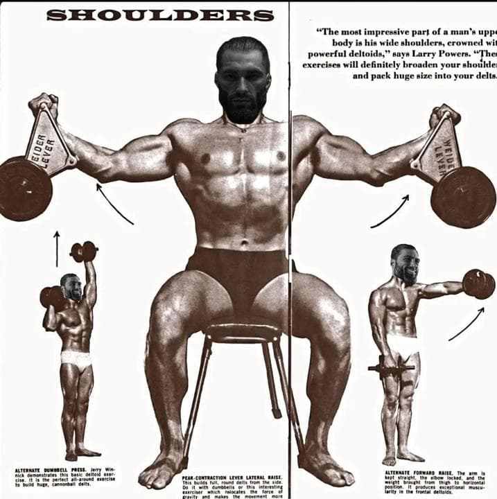 Muscular man demonstrating shoulder exercises in a humorous style.