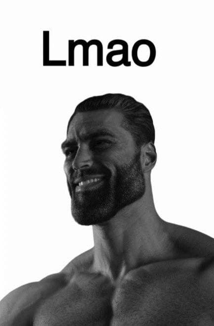Muscular man smiling with 'Lmao' text above.