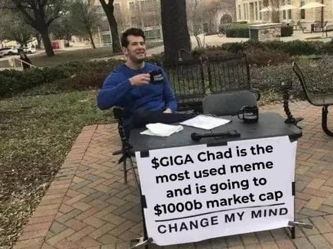 Man at table arguing GigaChad meme's value.