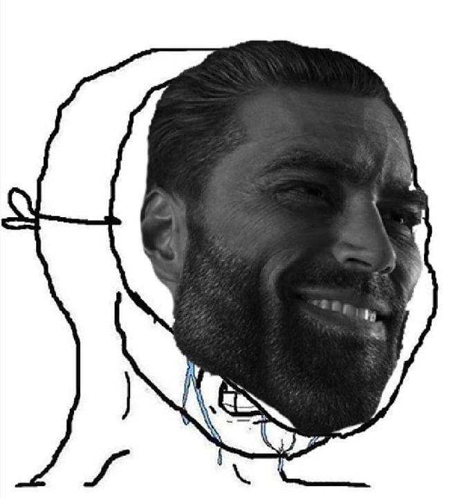 GigaChad face on a crying meme character.