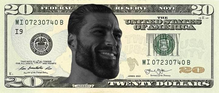 GigaChad's face on a twenty-dollar bill.